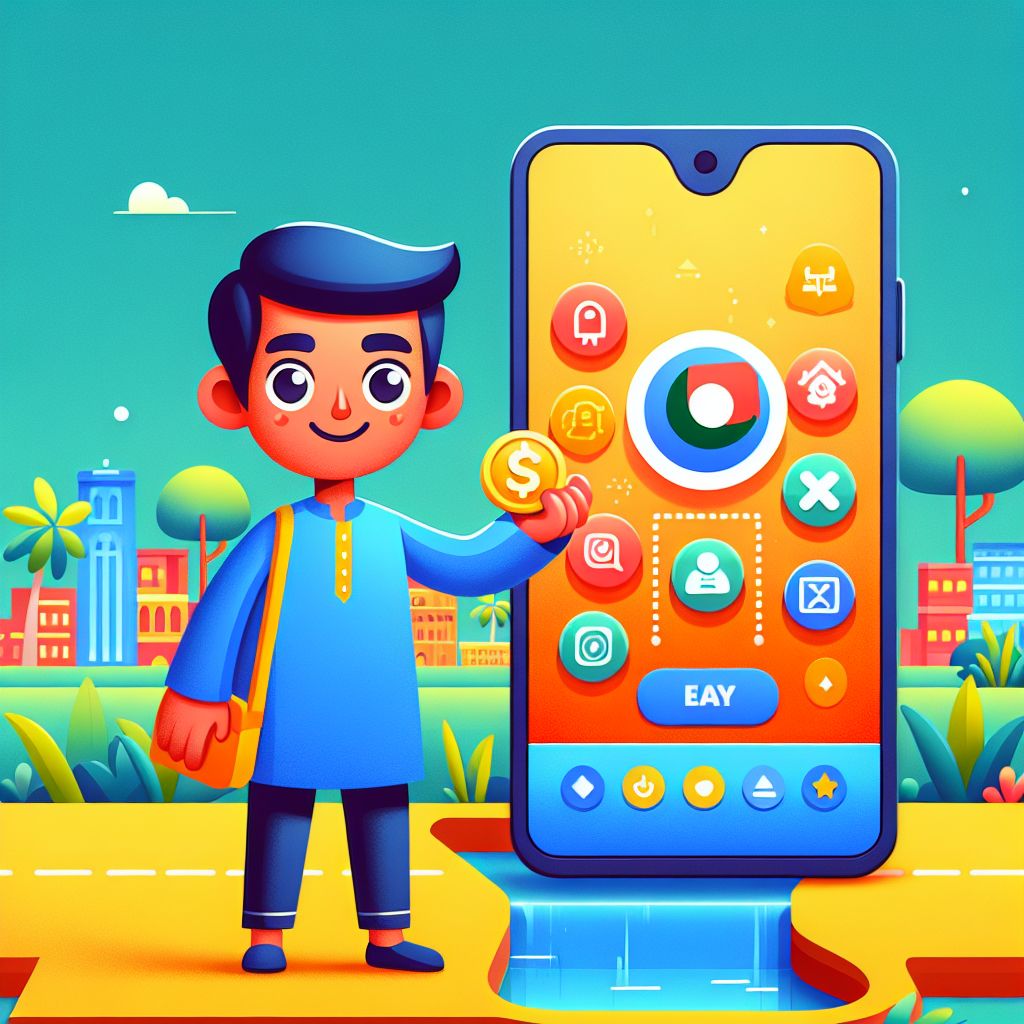BDT77 app themed cartoon character holding a smartphone with game icons and coins