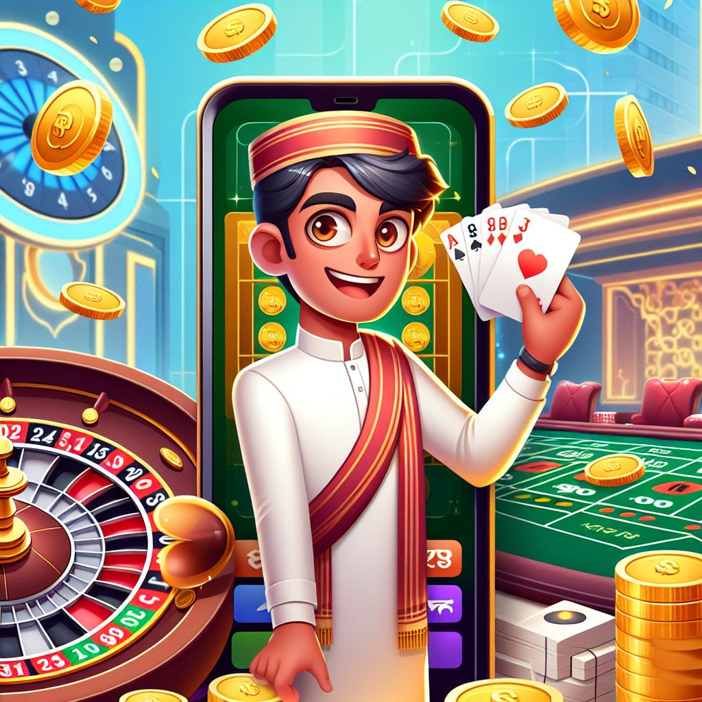 BDT77 casino themed cartoon characters with cards, roulette wheel, and coins in a bright gaming lobby