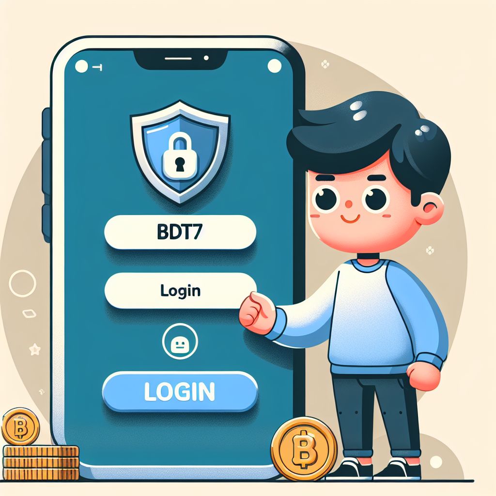BDT77 themed cartoon character logging in on a smartphone with secure shield and coins