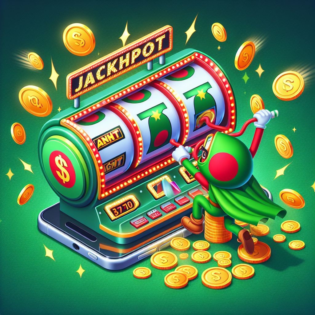 BDT77 slots themed cartoon character with reels, coins, and jackpot lights